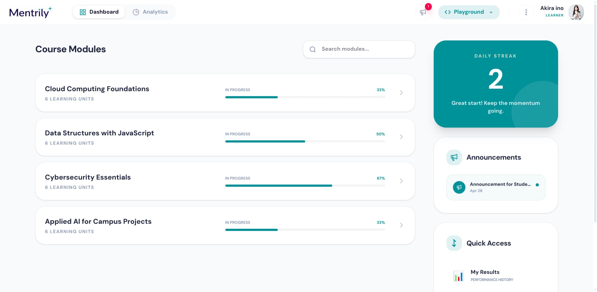 Mentrily learner dashboard with course modules, daily streak, and analytics