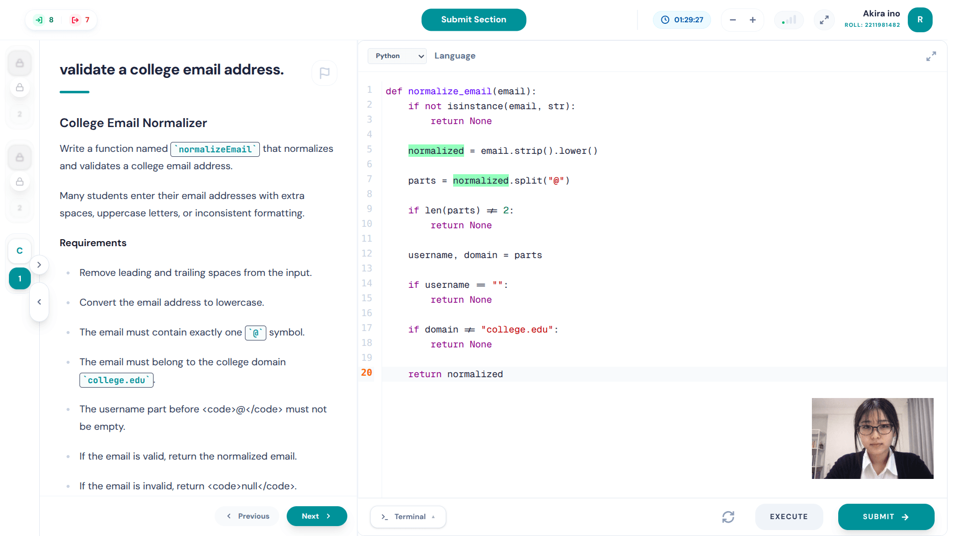 Mentrily proctored exam interface with timer, locked sections, question workspace, and webcam monitoring