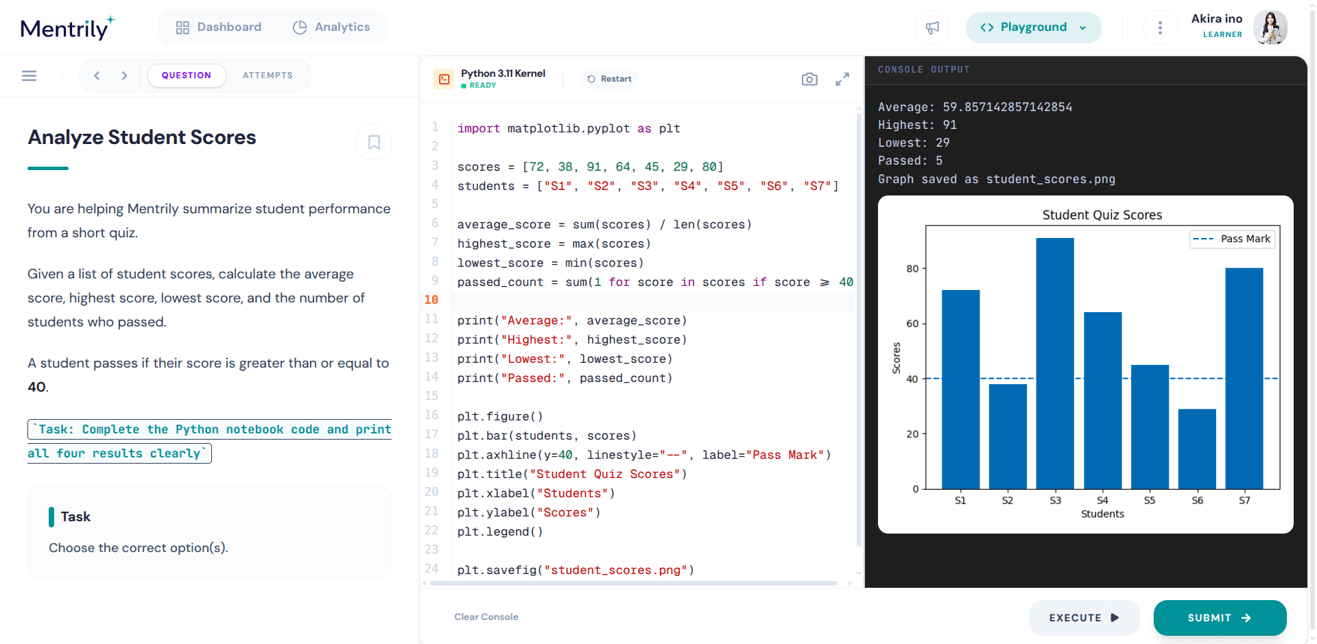 Mentrily Python notebook question with console output and chart